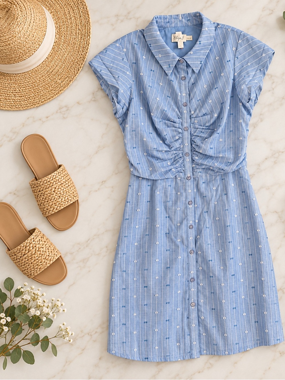 eliza j blue and white striped dress | Dresses | Eliza J Buttonfront Ruched Size 4 All Black Outfit Ideas F24 Carryover Pleated A Color:Purple/Lilac